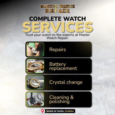 Experts in modern, vintage, and luxury watch repair and restoration. Original parts, certified service, and over 30 years of experience.