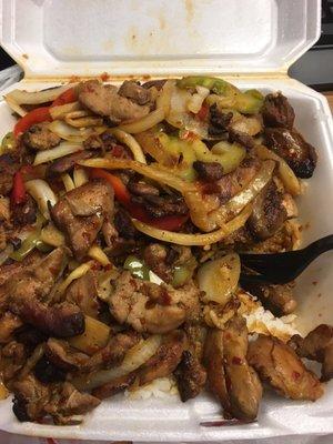 Chicken teriyaki with a 4 star level of hotness. So good.