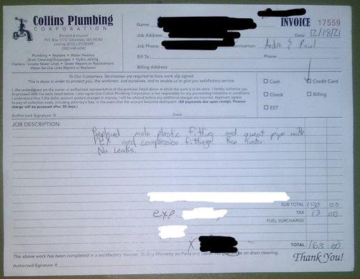 Letter from BBB dated 04/05/2022 States Collins Plumbing has refused to respond. They recommend taking legal action.