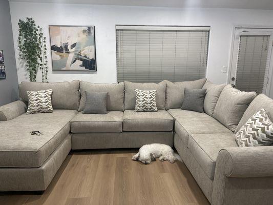 Custom couch we told him exact measurements, color, cushion fabric and he did not disappoint. We're so happy..