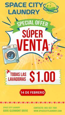 Este 14 de Febrero, 2025 compartiremos nuestro amor a los clientes con una oferta especial para todos! Lavadoras a solo $1.