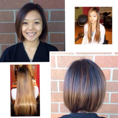 Before and after. Took about 16inches off and went darker since her goal is to grow out her natural hair color.