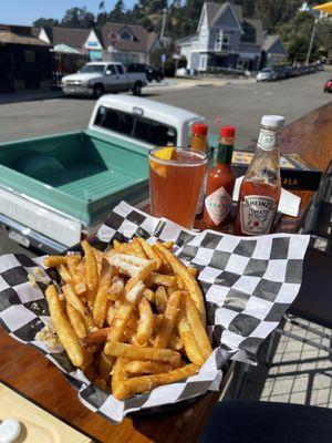 Outside having beers and fries