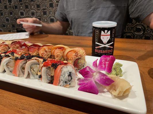 Sake ( Bushido ) in container. Love you Long Time Vern Roll ( back ) Alcatraz Roll ( front )