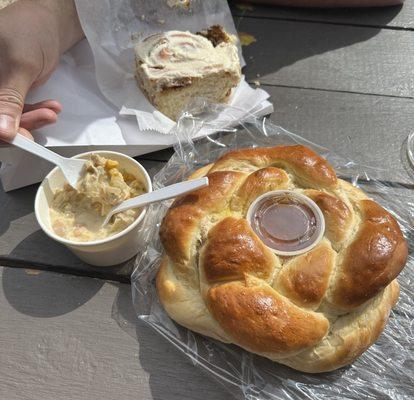 Challah bread, white chicken chili, and a cinnamon roll