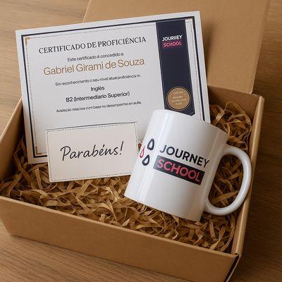 Journey School graduation kit with proficiency certificate and personalized mug.