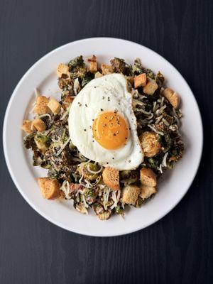 Crispy Brussels Sprouts Caesar Dressing, Bacon, Parmesan, Bacon, Sunny-side-up Egg Croutons