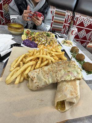 Chicken Shawarma Wrap, Grilled shawarma over rice, falafel, lentil soup. 10/10