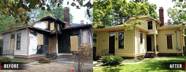 A before and after remodel of a home with fire damage