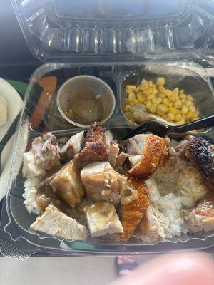 Lechon plate at the Filipino Festival. Roasted pork was good but cold. Need more sauce than 1 little container. Corn was canned corn.