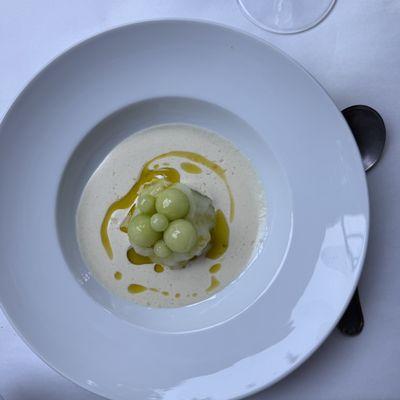 Melon soup with almond cream.