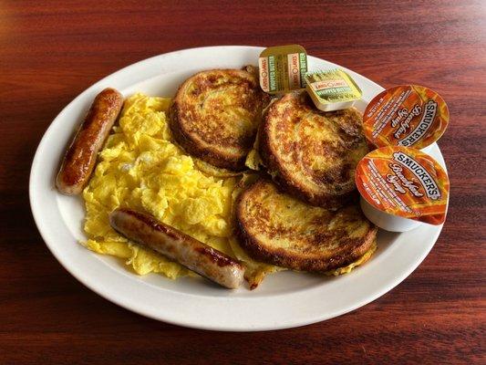 French Toast, eggs, and sausage
