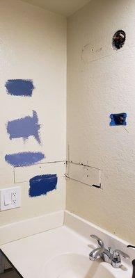 Top whole: old vanity light removed. Middle whole & wall "damage": for new vanity mirror with light. New switch & outlet. Total: $300