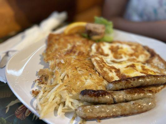 Eggs, sausage and hash browns