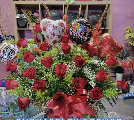 Basket Arrangement of Red Roses