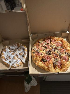 14" 3 topping pizza w/ham, bacon, and fresh mushrooms. 10" Wild Stick