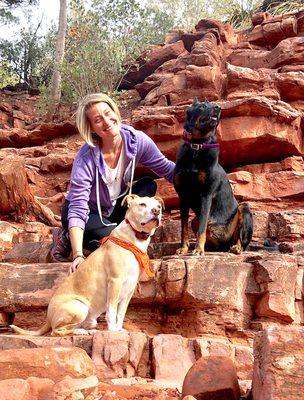 Stephanie and her dogs Roux, & Loki out on the trails in Sedona.