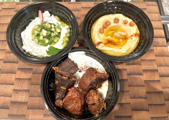 Tzatziki, hummus, dolmas.