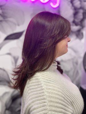 I asked for my hair to angle out since it naturally does this. The long layers also give a beautiful shape.