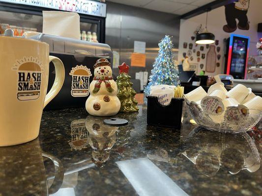 Coffee with the snowman and tree salt and pepper shakers