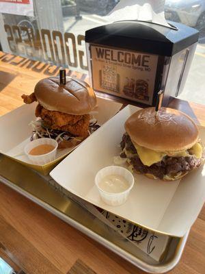 Nashville chicken sandwich and classic bull smash burger