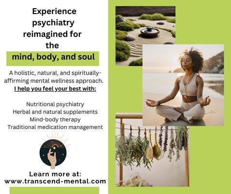 Overview of integrative and holistic psychiatry services offered by Transcendmental psychiatry. Learn more at www.transcend-mental.com