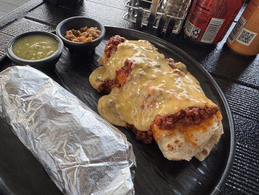 Potato and Egg Taquito topped with Chili & Cheese. Potato & Bean Taquito wrapped up.