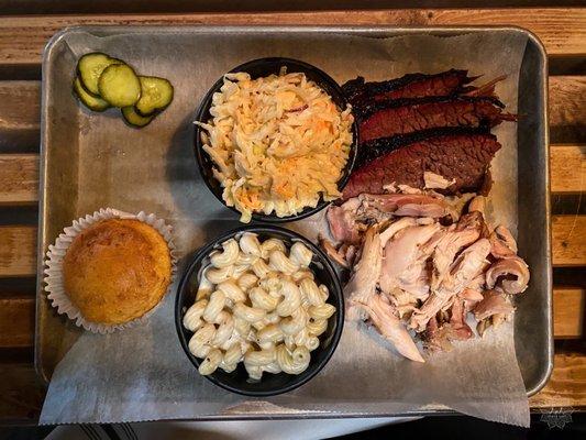 2 Meat Combo Plate - Brisket, pulled chicken, four-cheese Mac, and coleslaw