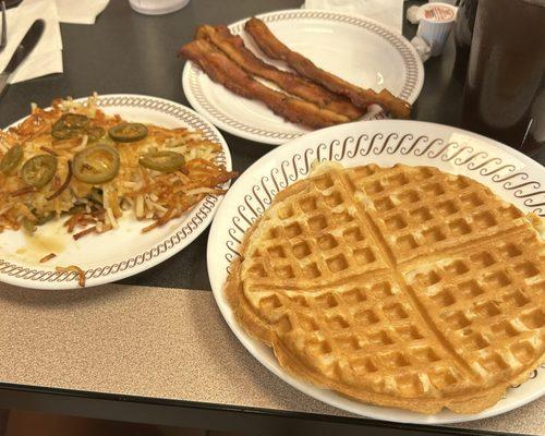 Classic Waffle, Peppered Hash browns, and Bacon