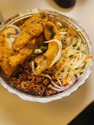 Fried fish. Cabbage. Rice & Peas.