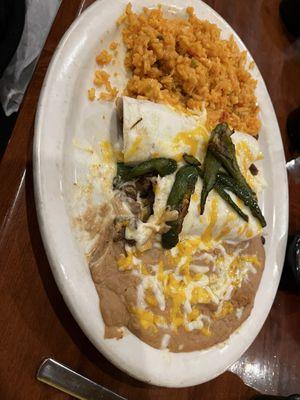 Fajita burrito lunch with added grilled jalapeños