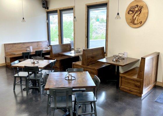 Booth seating and tables built for Mofos Pizza