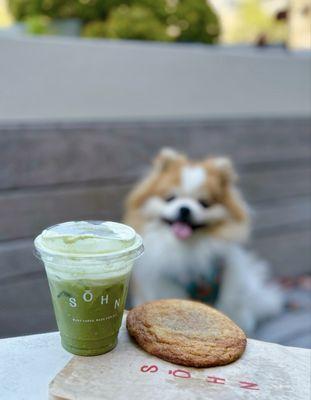 Matcha w/ oat milk, SŌHN signature cream top ($7) + Eric's Gochuchang Caramel Cookie ($4)