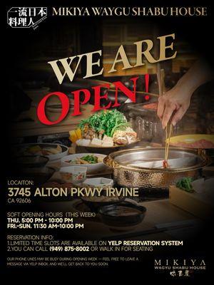 We're thrilled to announce that Mikiya Wagyu Shabu House Irvine is now in soft opening! Come for the finest experience with us!