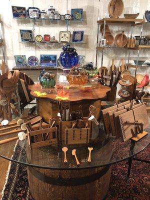 Johnathan Spoons and Moon Spoons made of solid cherry. Luke Adams hand blown pumpkins, unique colors.