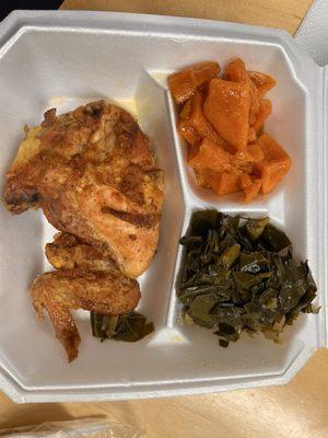 Baked chicken, collard greens, candied yams