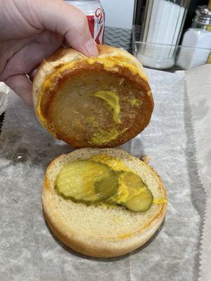 Traditional slug burger is onion, pickles, and mustard. (I didn't get onions)