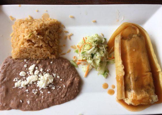 pork tamale, beans+rice. 3-Stars. It's OK-Good