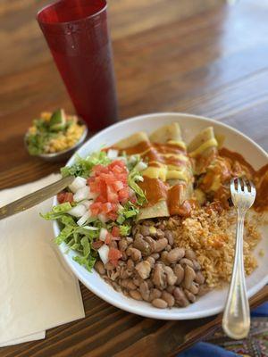 Enchilada Plate with seitan, beans and rice. Some elote on the side.