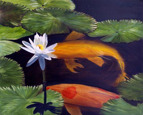 Fall colors and a great relaxing scene are presented in LOTUS AND KOI at the ANCIENT OLIVE Gourmet and Fine Art store.