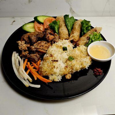 Grilled Chicken over White Rice and Spring Rolls