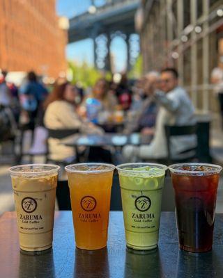 Iced drinks: 
Iced latte, iced green tea, iced matcha, iced cold brew.