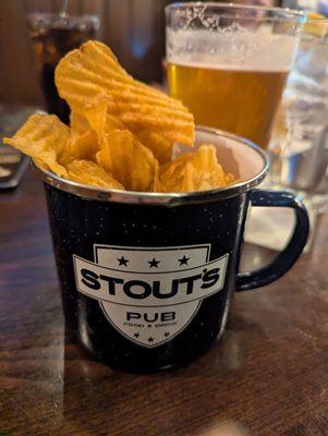 They bring a cup with chips to the table which was great with our beer!