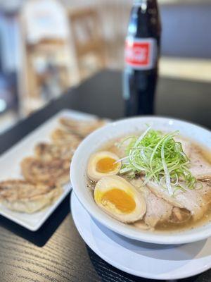 Bincho clear tonkotsu ramen and Bincho gyoza