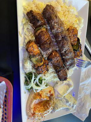 Meat Combo (Combination of beef kafta, chicken kabob, and lamb kabob, with rice and hummus)