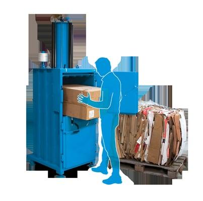 Mil-tek 305 baler produces plastic bales 400 lbs. and cardboard bales 220 lbs.