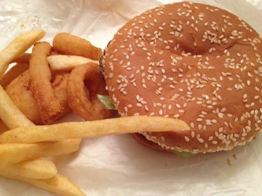 Cheeseburger fries and onion rings.