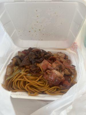 Bourbon chicken, beef, and Lo mein