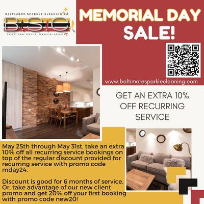 Unlock extra savings this Memorial Day! Enjoy an additional 10% off your recurring service, on top of the already discounted rate.