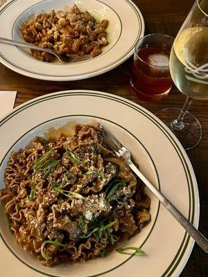 Background rye gnocchetti, foreground mushroom mafaldine, + rittenhouse rye manhattan & dragon bianco white blend luigi baudana.
